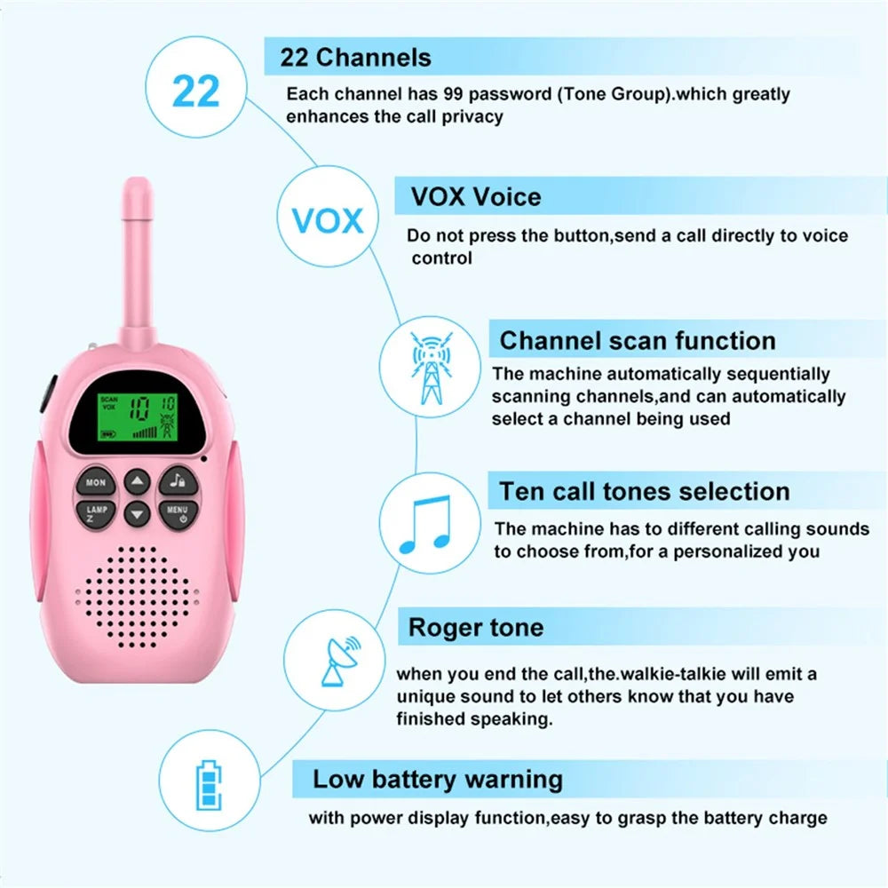 2Pcs DJ100 Children Walkie Talkie Toys Kids Interphone Mini Handheld Transceiver 3KM Range UHF Radio with Lanyard - Blue+Blue - 5