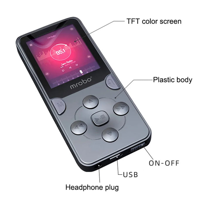 MROBO X-02 128GB 1.8-inch TFT Screen MP4 Player FM Radio Voice Recording Function Music Video Player Walkman with Speaker - 6