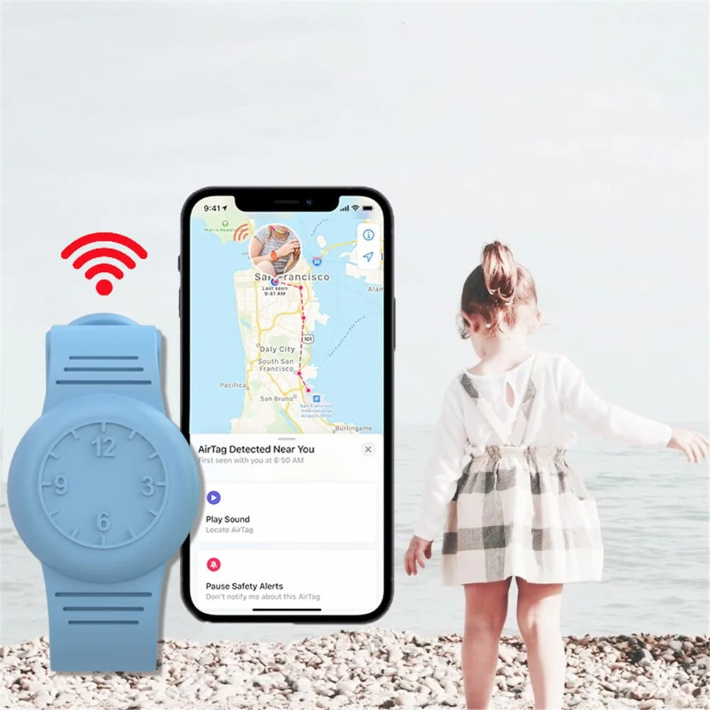 For Apple AirTag Tracker Soft Cover Kids Watch Band Silicone Wrist Strap with Clock Numbers - Baby Blue - 2