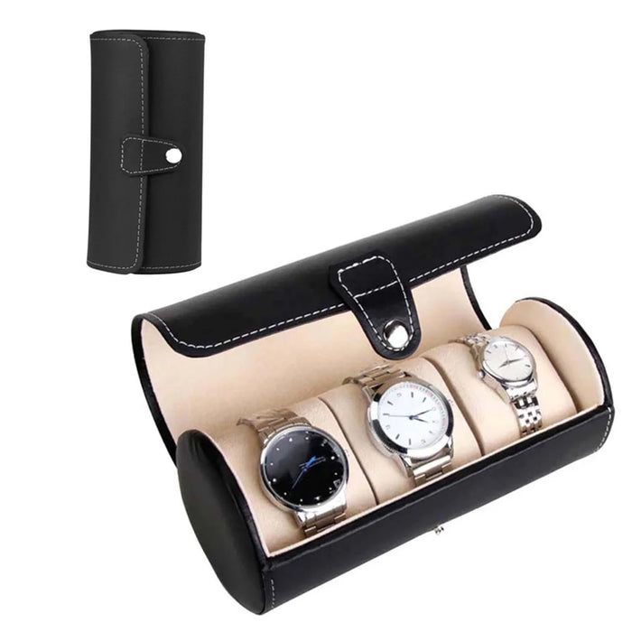 3-Grid Cylindrical Watch Storage Box Leather Watch Storage Case - Black - 1