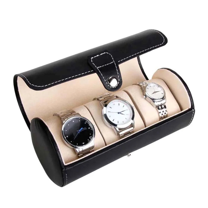 3-Grid Cylindrical Watch Storage Box Leather Watch Storage Case - Black - 3