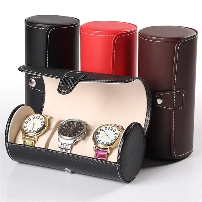 3-Grid Cylindrical Watch Storage Box Leather Watch Storage Case - Black - 7