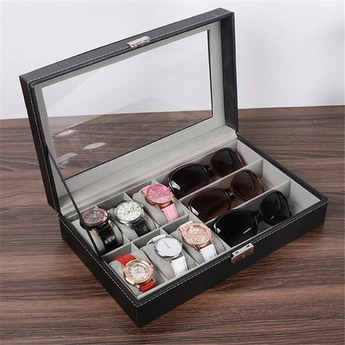 9 Compartments Glasses and Watch Organizer Box PU Leather Glass Top Display Case - 1
