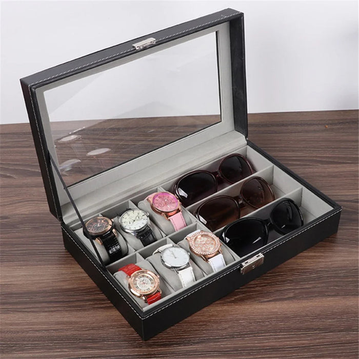 9 Compartments Glasses and Watch Organizer Box PU Leather Glass Top Display Case - 1