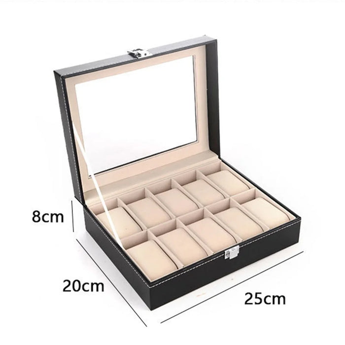 10 Compartments Watch Organizer Box PU Leather Glass Top Display Case - 2