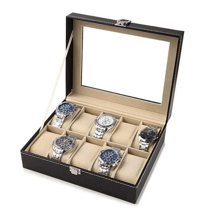 10 Compartments Watch Organizer Box PU Leather Glass Top Display Case - 1