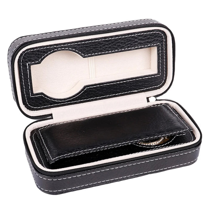 2 Grids Watch Storage Box Leather Zipper Portable Watch Case - Black - 1
