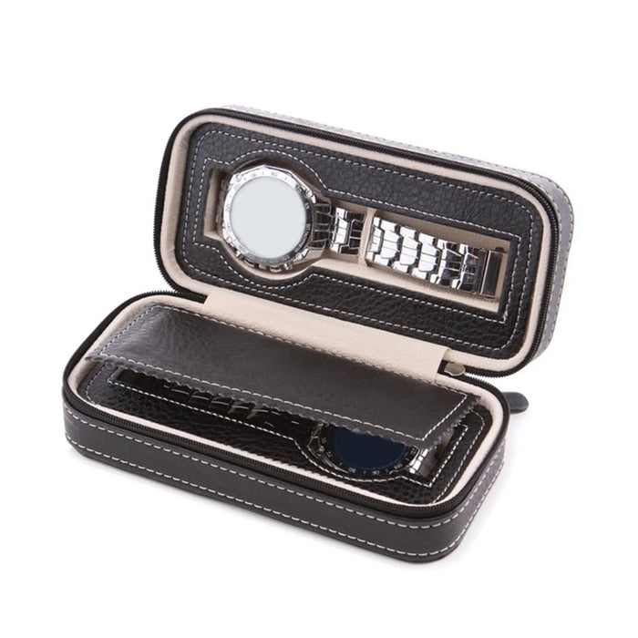 2 Grids Watch Storage Box Leather Zipper Portable Watch Case - Black - 2