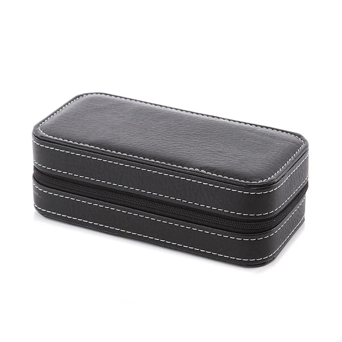 2 Grids Watch Storage Box Leather Zipper Portable Watch Case - Black - 3