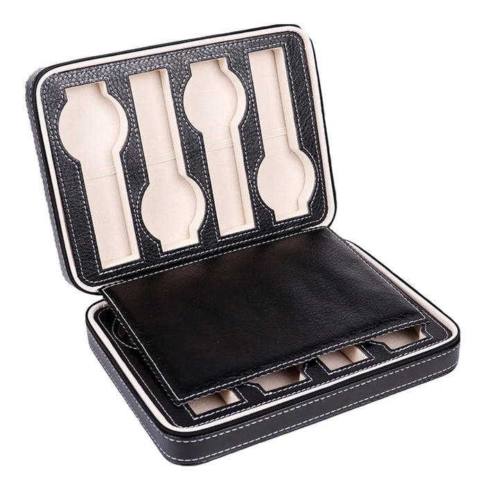 8 Grids Portable Watch Zipper Storage Bag Organizer Leather Watch Box - Black - 1