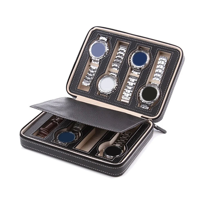 8 Grids Portable Watch Zipper Storage Bag Organizer Leather Watch Box - Black - 3