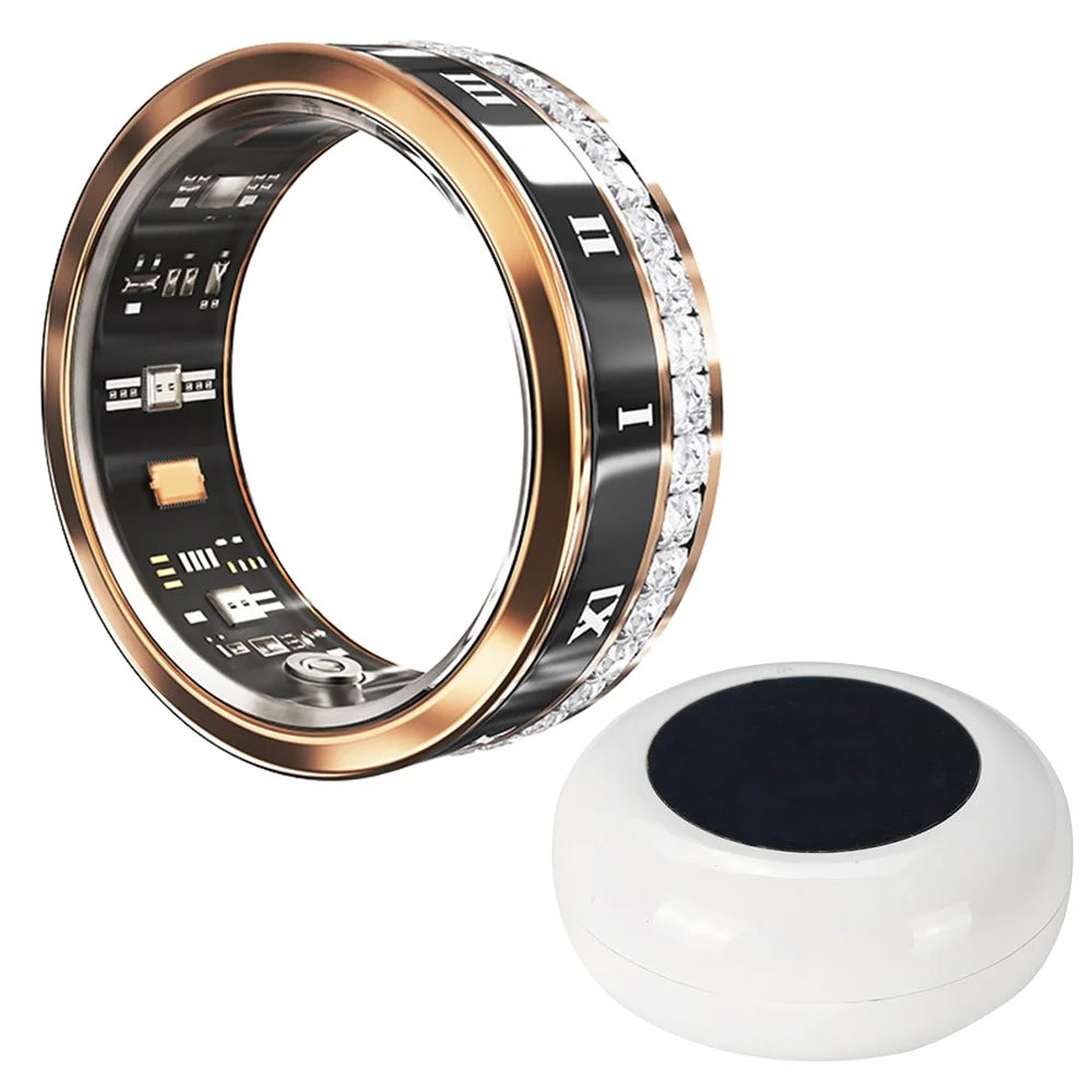 Darings Bluetooth-compatible Health Monitoring Smart Ring Rhinestone Decor Finger Ring, with Charging Case - Gold / Size 8 - 1