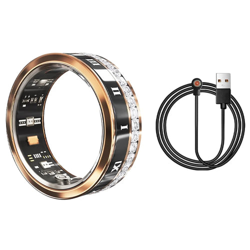 Darings Bluetooth-compatible Health Monitoring Smart Ring Rhinestone Decor Finger Ring, Magnetic Charging Cable - Gold / Size 8 - 1