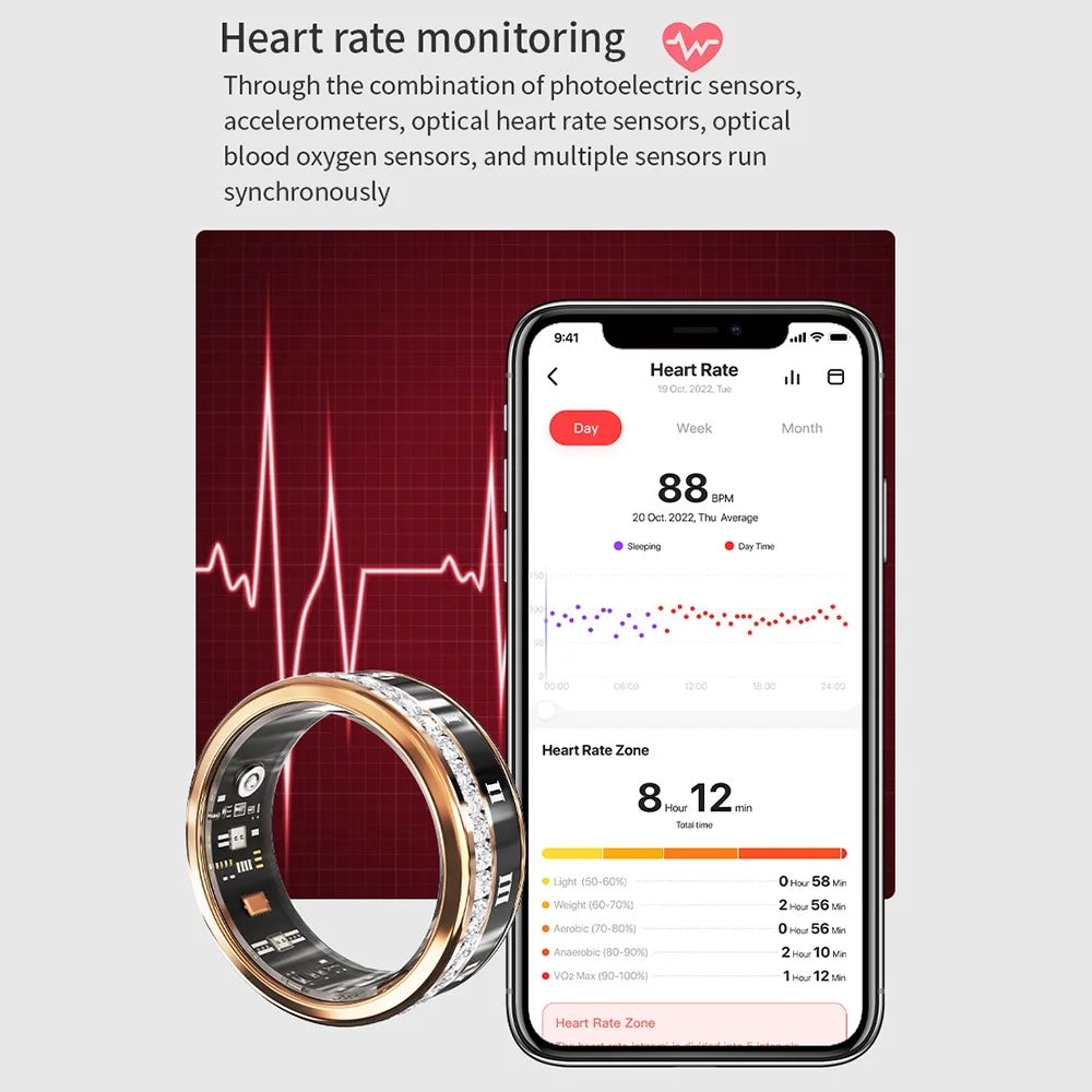 Darings Bluetooth-compatible Health Monitoring Smart Ring Rhinestone Decor Finger Ring, Magnetic Charging Cable - Gold / Size 8 - 4