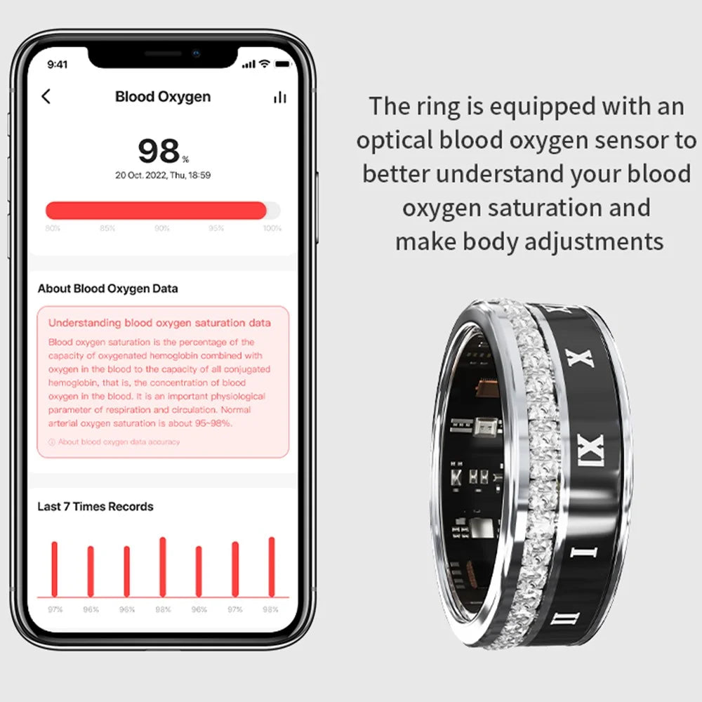 Darings Bluetooth-compatible Health Monitoring Smart Ring Rhinestone Decor Finger Ring, Magnetic Charging Cable - Gold / Size 8 - 6