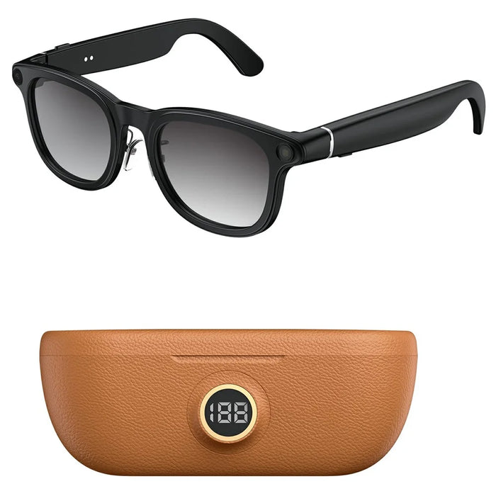 X01 Smart Glasses Camera AI Translation Video Recording Bluetooth-Compatible 5.3 Audio Voice Assistant Wearable Device - Black Frame / Photochromic Lenses / Brown Charging Case - 1
