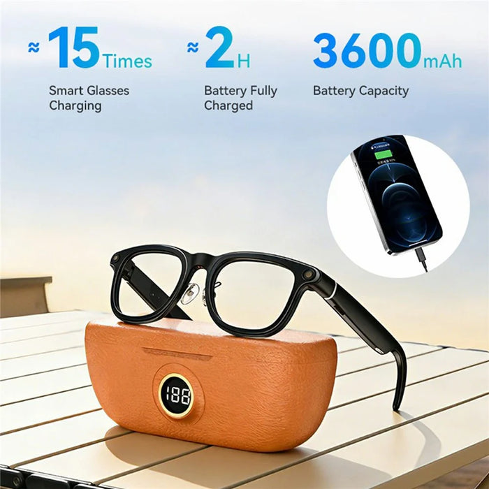 X01 Smart Glasses Camera AI Translation Video Recording Bluetooth-Compatible 5.3 Audio Voice Assistant Wearable Device - Black Frame / Photochromic Lenses / Brown Charging Case - 5