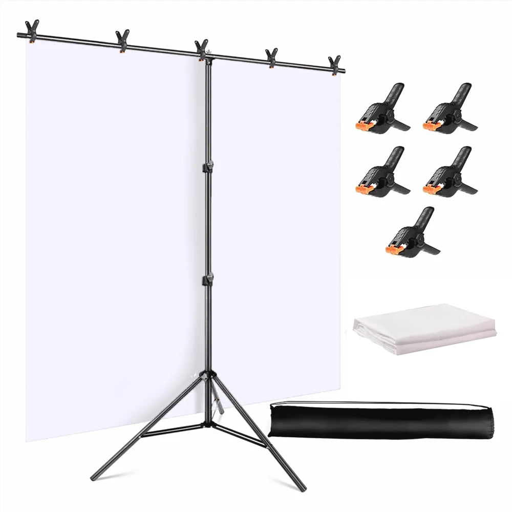 T-Shape Photography Background Stand Kit with 1.5x2m Backdrop and 5 Clamps for Studio Shooting - White - 1