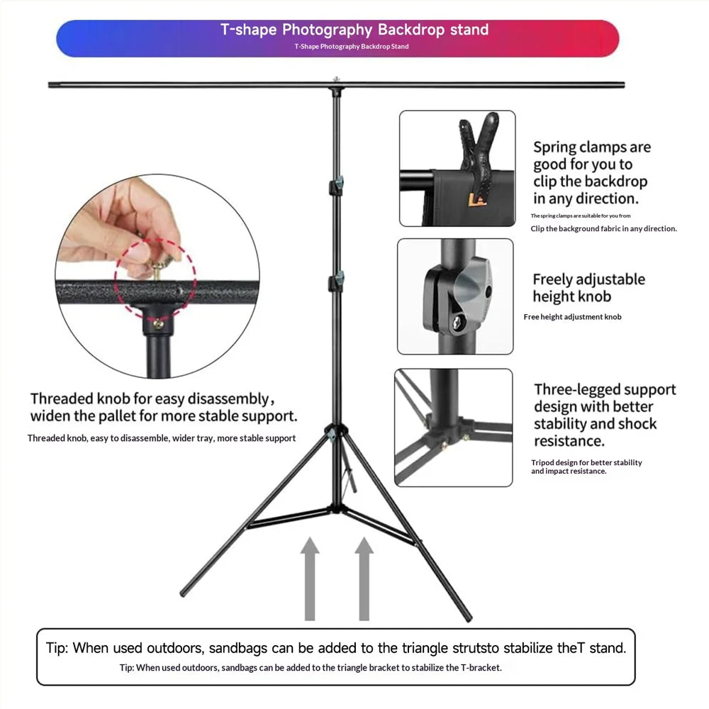 T-Shape Photography Background Stand Kit with 1.5x2m Backdrop and 5 Clamps for Studio Shooting - White - 3