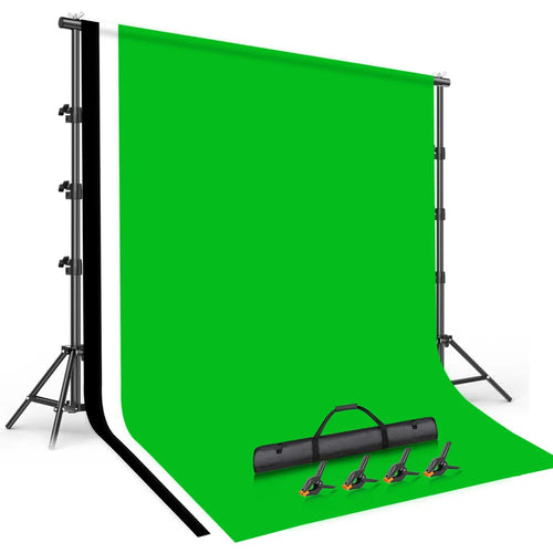 2.6 x 3m Adjustable Backdrop Stand with 3 Background Cloths Portable Photography Kit - Green+White+Black Background Cloths - 1