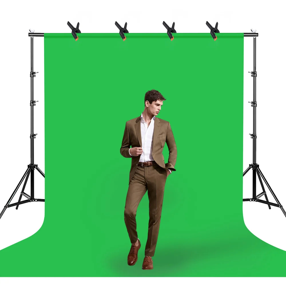 2.6 x 3m Adjustable Backdrop Stand with 3 Background Cloths Portable Photography Kit - Green+White+Black Background Cloths - 2