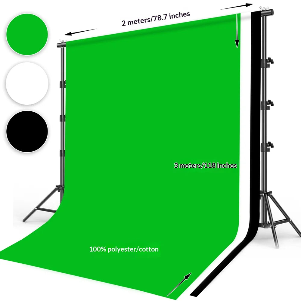 2.6 x 3m Adjustable Backdrop Stand with 3 Background Cloths Portable Photography Kit - Green+White+Black Background Cloths - 6