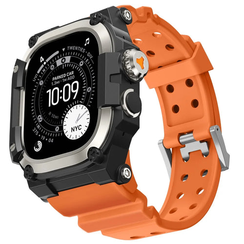 AHASTYLE TPU Strap for Apple Watch Ultra 3 49mm / Ultra 2 49mm / Ultra 49mm Breathable Watchband with Shockproof Armor Rugged Watch Case - Orange - 1