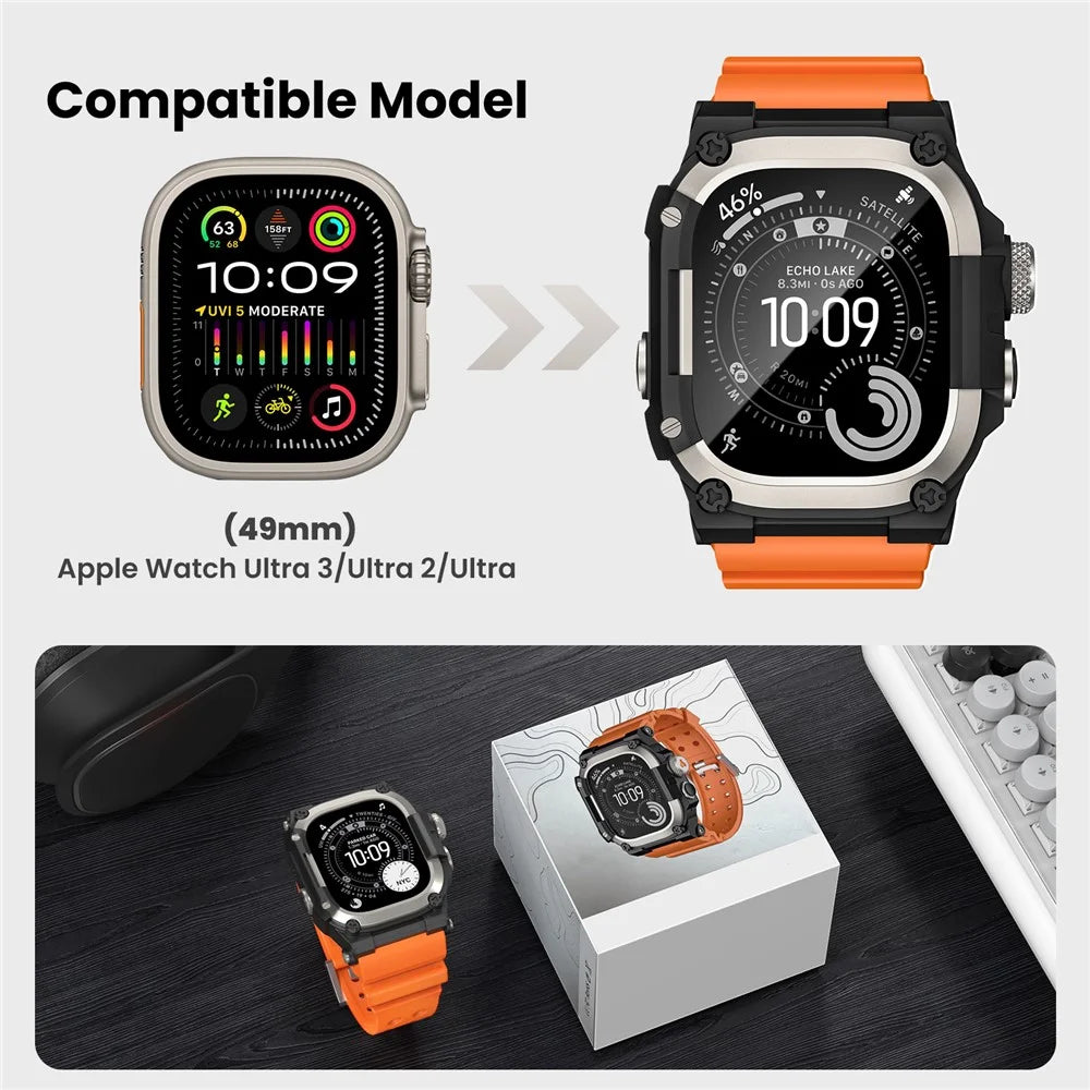 AHASTYLE TPU Strap for Apple Watch Ultra 3 49mm / Ultra 2 49mm / Ultra 49mm Breathable Watchband with Shockproof Armor Rugged Watch Case - Orange - 7