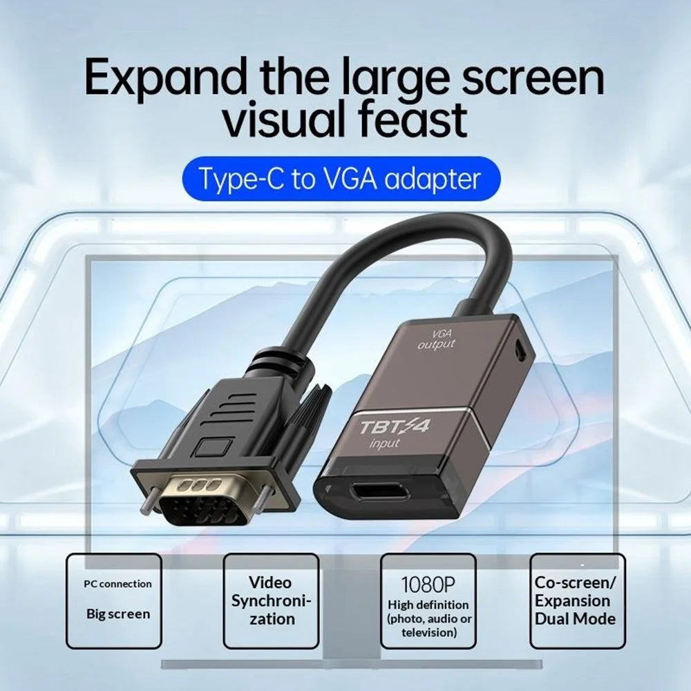 Thunderbolt 3 / 4 / 5 Compatible USB-C to VGA Converter 1080P / 60Hz HD Video Adapter Cable for Monitor Projector TV Display - Grey - 6
