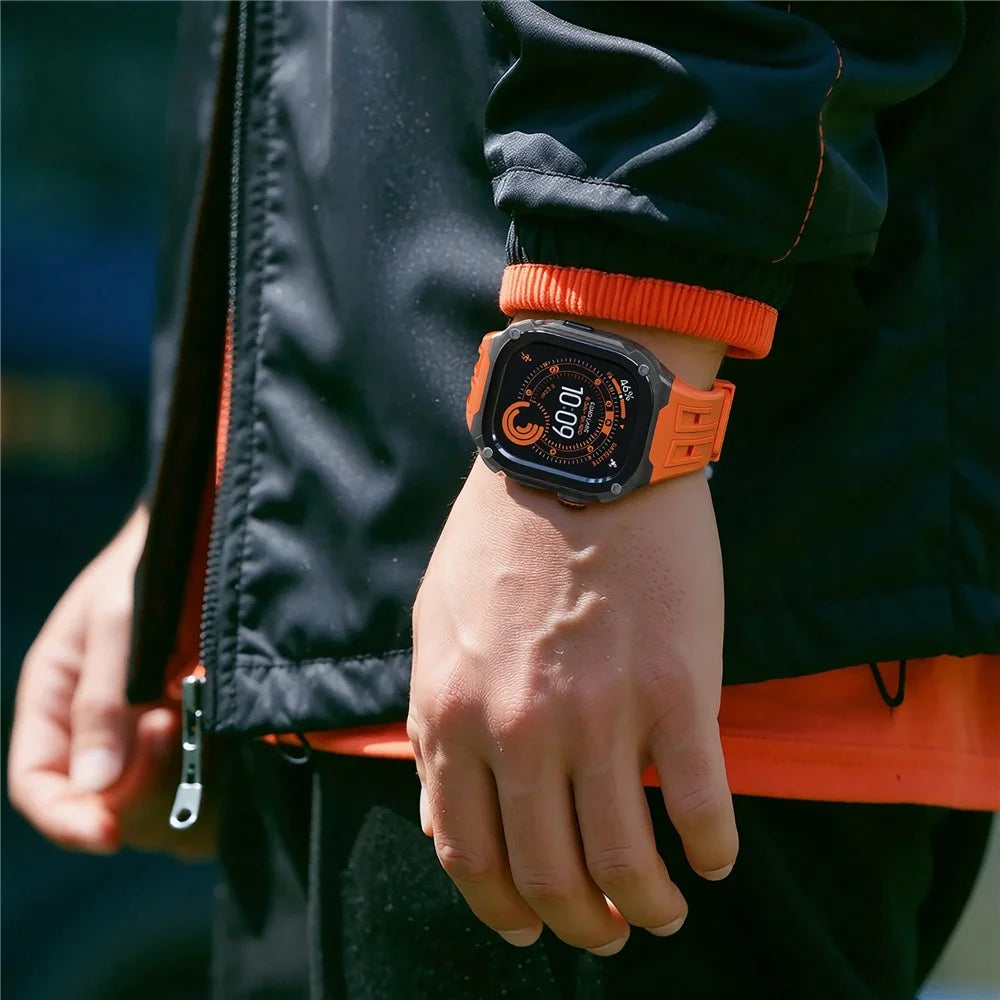 Silicone Strap for Apple Watch Ultra 49mm / Ultra 2 49mm / Ultra 3 49mm Rugged Watch Case with Band Sport Wristband - Black+Orange - 4