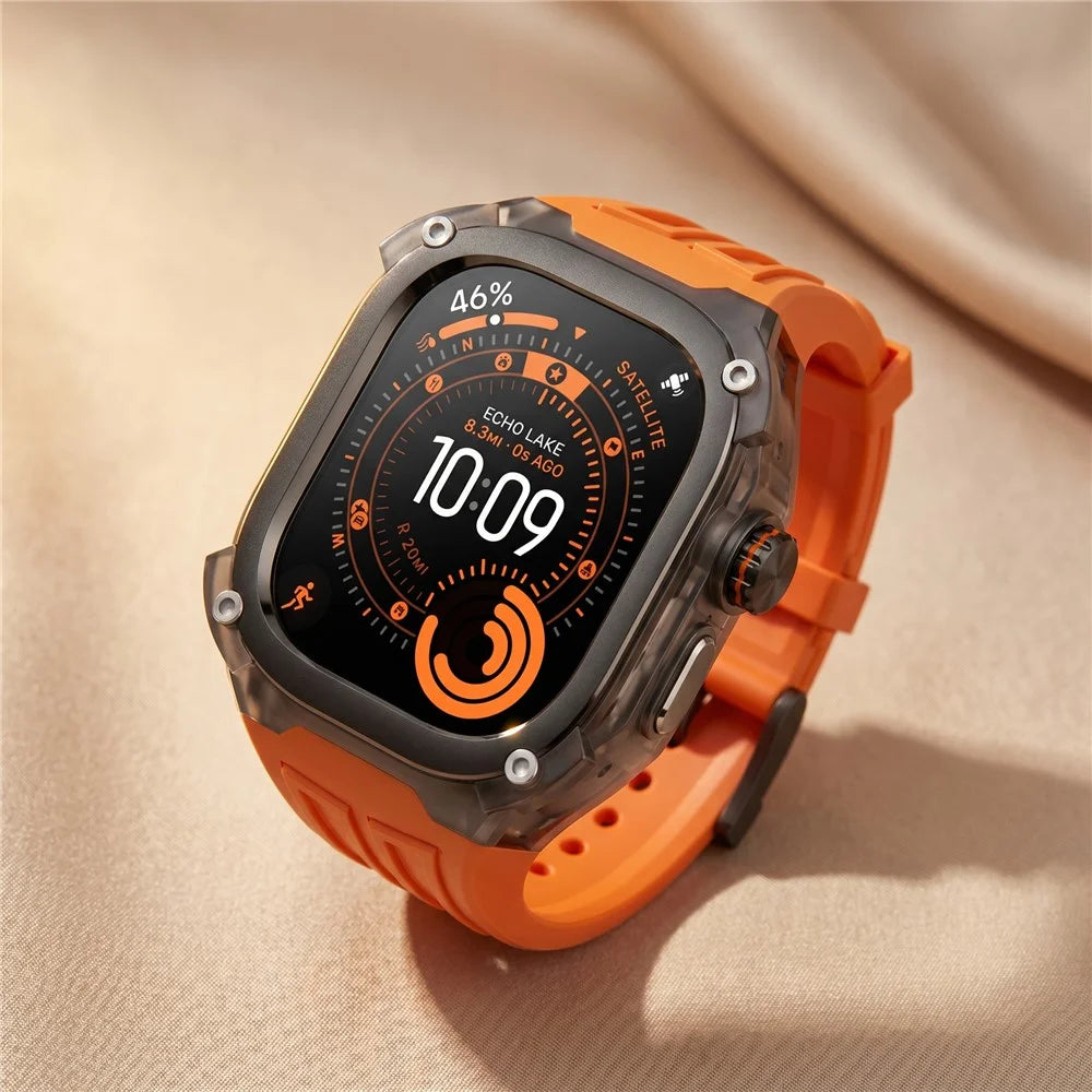 Silicone Strap for Apple Watch Ultra 49mm / Ultra 2 49mm / Ultra 3 49mm Rugged Watch Case with Band Sport Wristband - Black+Orange - 6