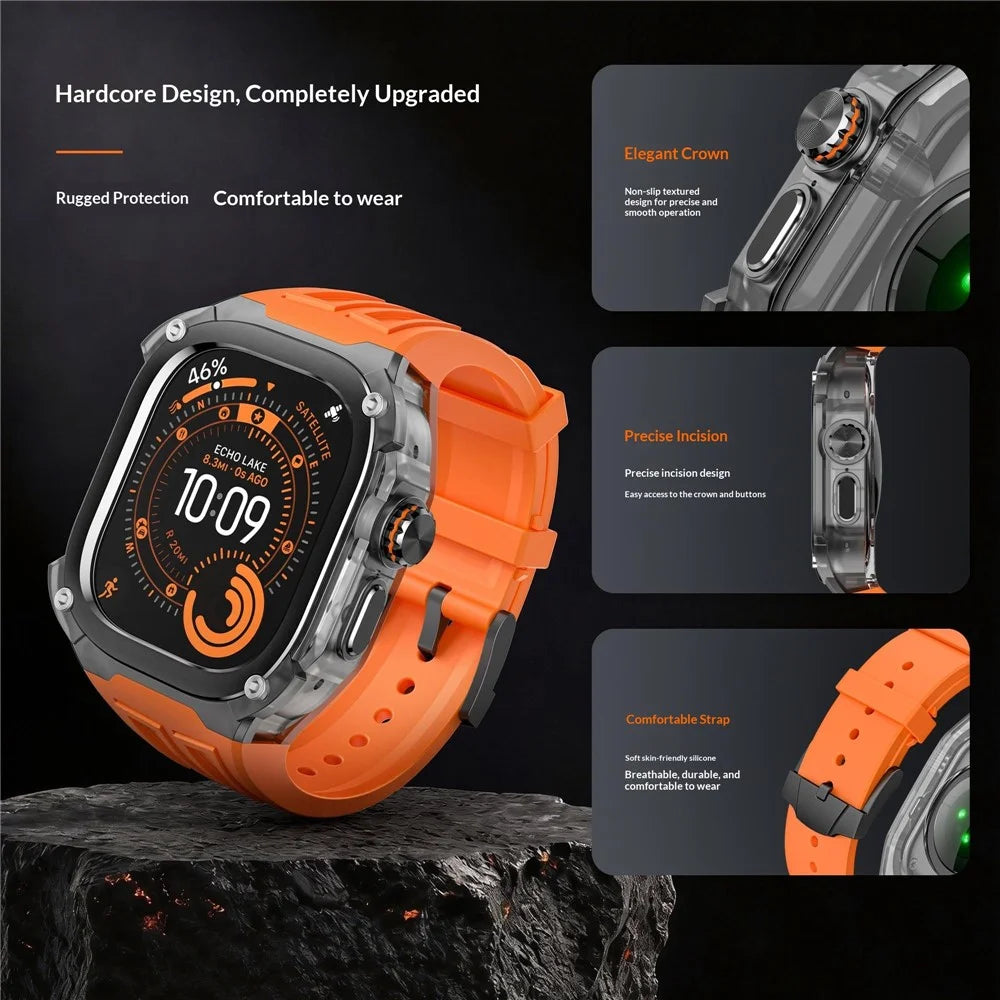 Silicone Strap for Apple Watch Ultra 49mm / Ultra 2 49mm / Ultra 3 49mm Rugged Watch Case with Band Sport Wristband - Black+Orange - 7