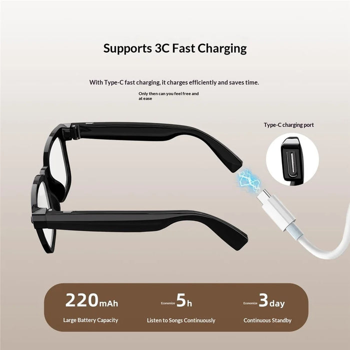 V03Pro AI Smart Glasses 800W Camera 1200P Video Bluetooth-compatible 5.3 Open Ear Music Eyeglasses - Black / Anti-Blue Light Lens - 7