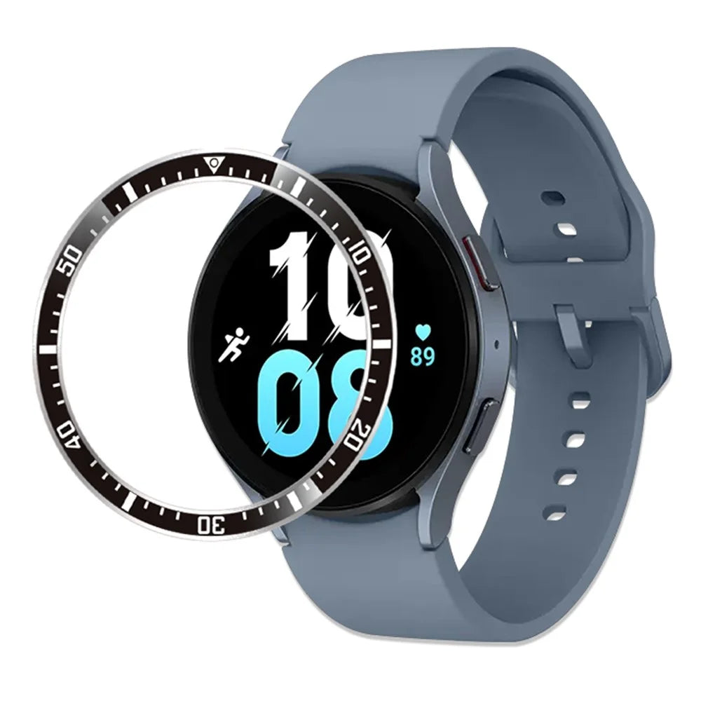 For Samsung Galaxy Watch 5 / 4 44mm Watch Bezel Insert Adhesive Metal Ring Frame Replacement (Type A) - Black / White Characters - 1