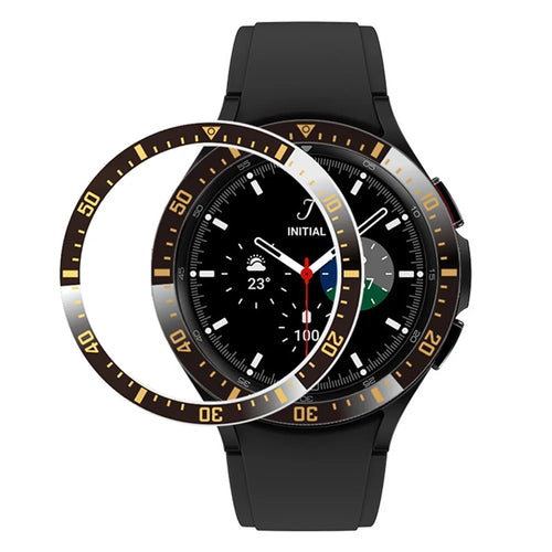 For Samsung Galaxy Watch4 Classic 46mm Metal Bezel Ring Anti-Scratch Bezel Loop Adhesive Cover (Type A) - Black / Gold Characters - 1