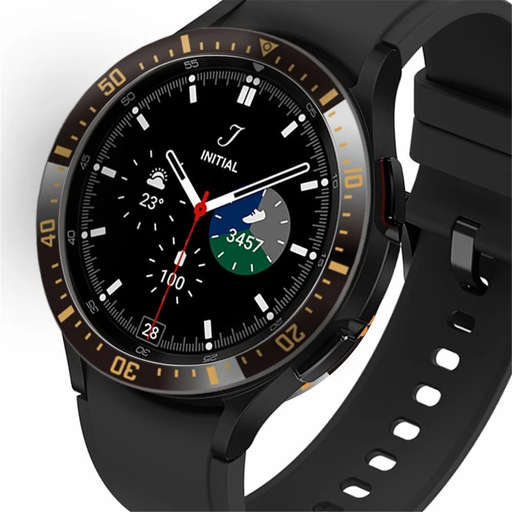 For Samsung Galaxy Watch4 Classic 46mm Metal Bezel Ring Anti-Scratch Bezel Loop Adhesive Cover (Type A) - Black / Gold Characters - 3