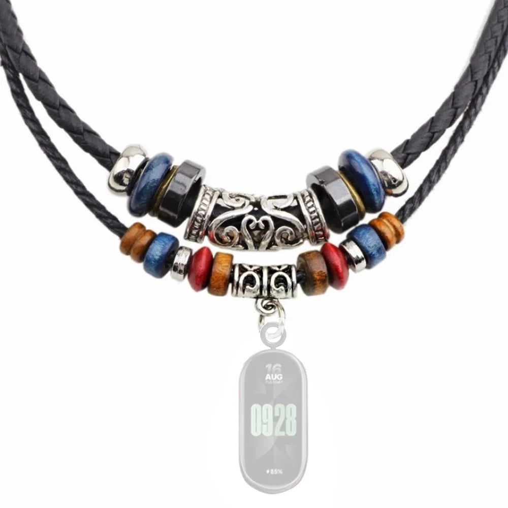 Retro Neck Strap for Xiaomi Smart Band 8 , Dual Layer Beads Decor Braided Leather Watch Necklace Lanyard - 1