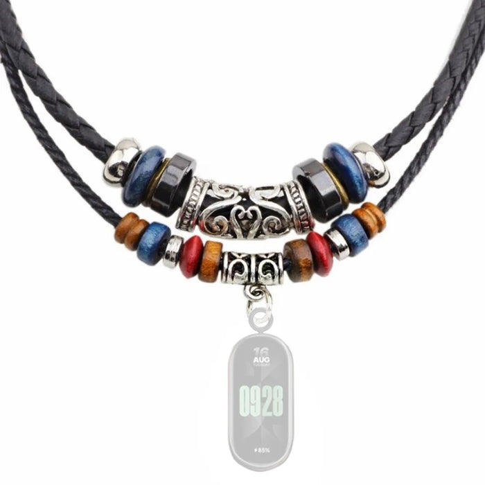 Retro Neck Strap for Xiaomi Smart Band 8 , Dual Layer Beads Decor Braided Leather Watch Necklace Lanyard - 1