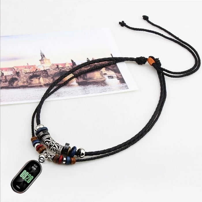 Retro Neck Strap for Xiaomi Smart Band 8 , Dual Layer Beads Decor Braided Leather Watch Necklace Lanyard - 3