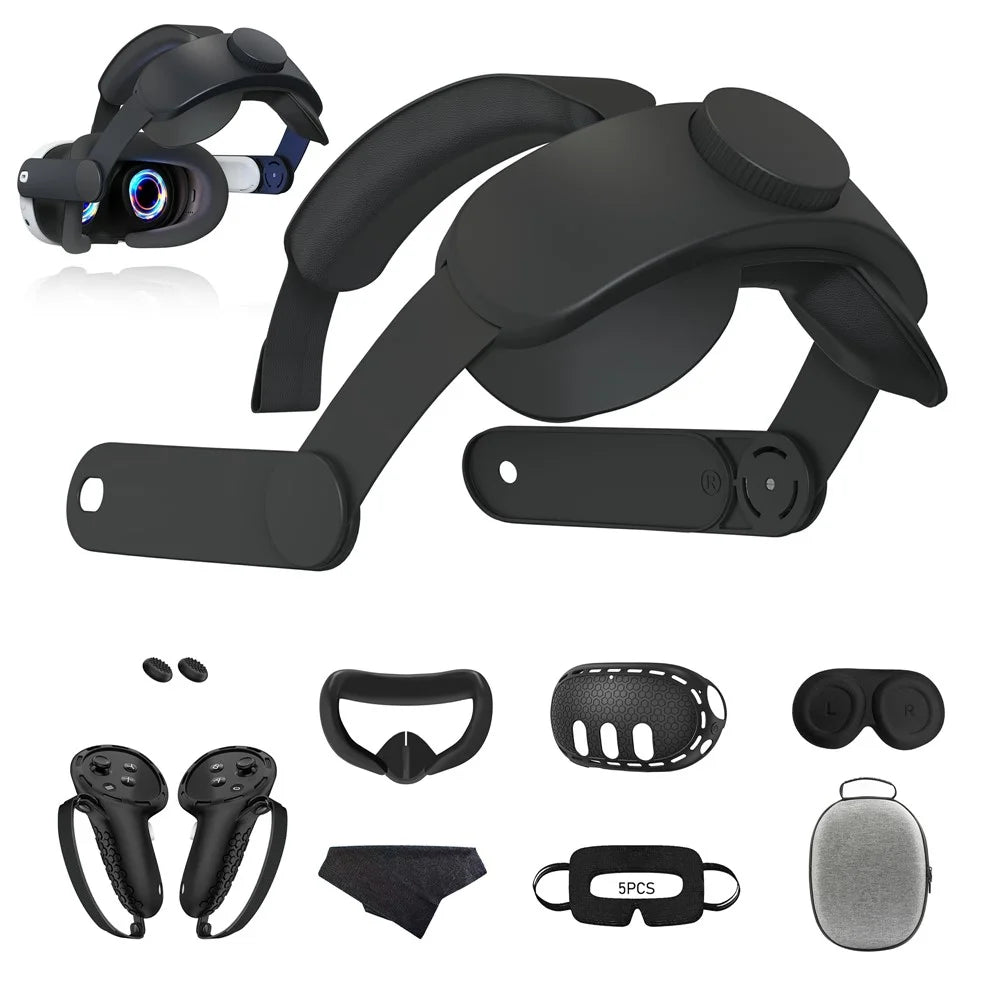 For Meta Quest 3 9-Piece Accessory Kit Head Strap Lens Hood Eye Mask Silicone Controller Covers Set - Black - 1
