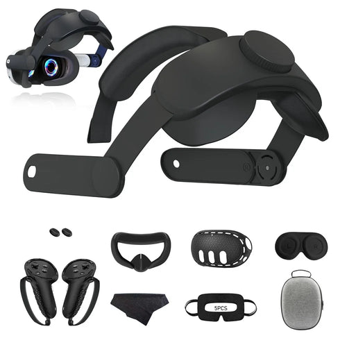 For Meta Quest 3 9-Piece Accessory Kit Head Strap Lens Hood Eye Mask Silicone Controller Covers Set - Black - 1