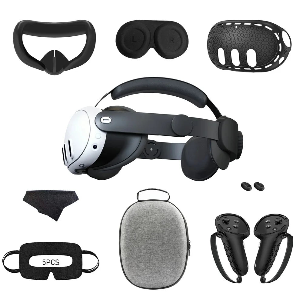 For Meta Quest 3 9-Piece Accessory Kit Head Strap Lens Hood Eye Mask Silicone Controller Covers Set - Black - 2