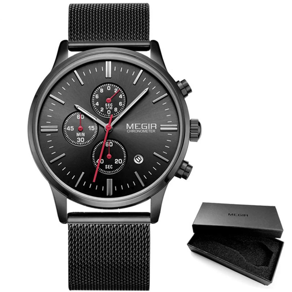 MEGIR Waterproof Men Sports Quartz Wrist Watch Steel Band - 1