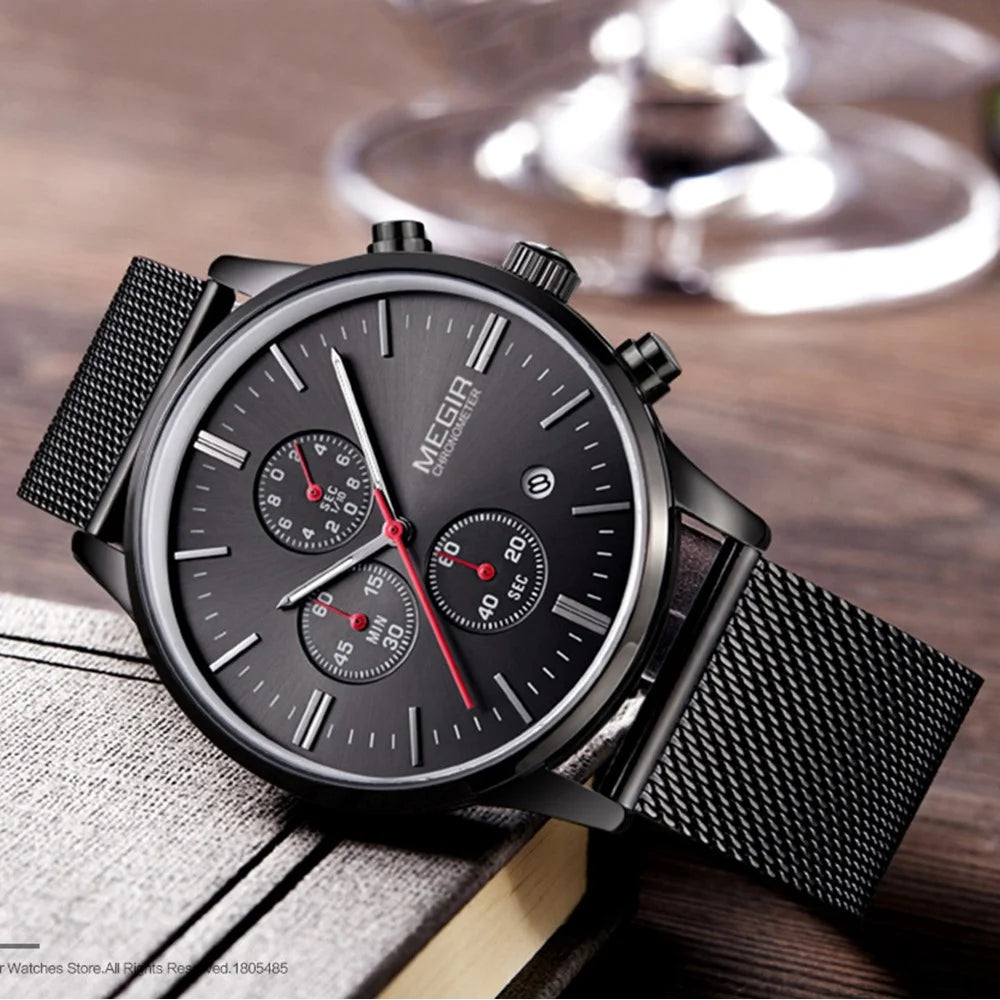 MEGIR Waterproof Men Sports Quartz Wrist Watch Steel Band - 2