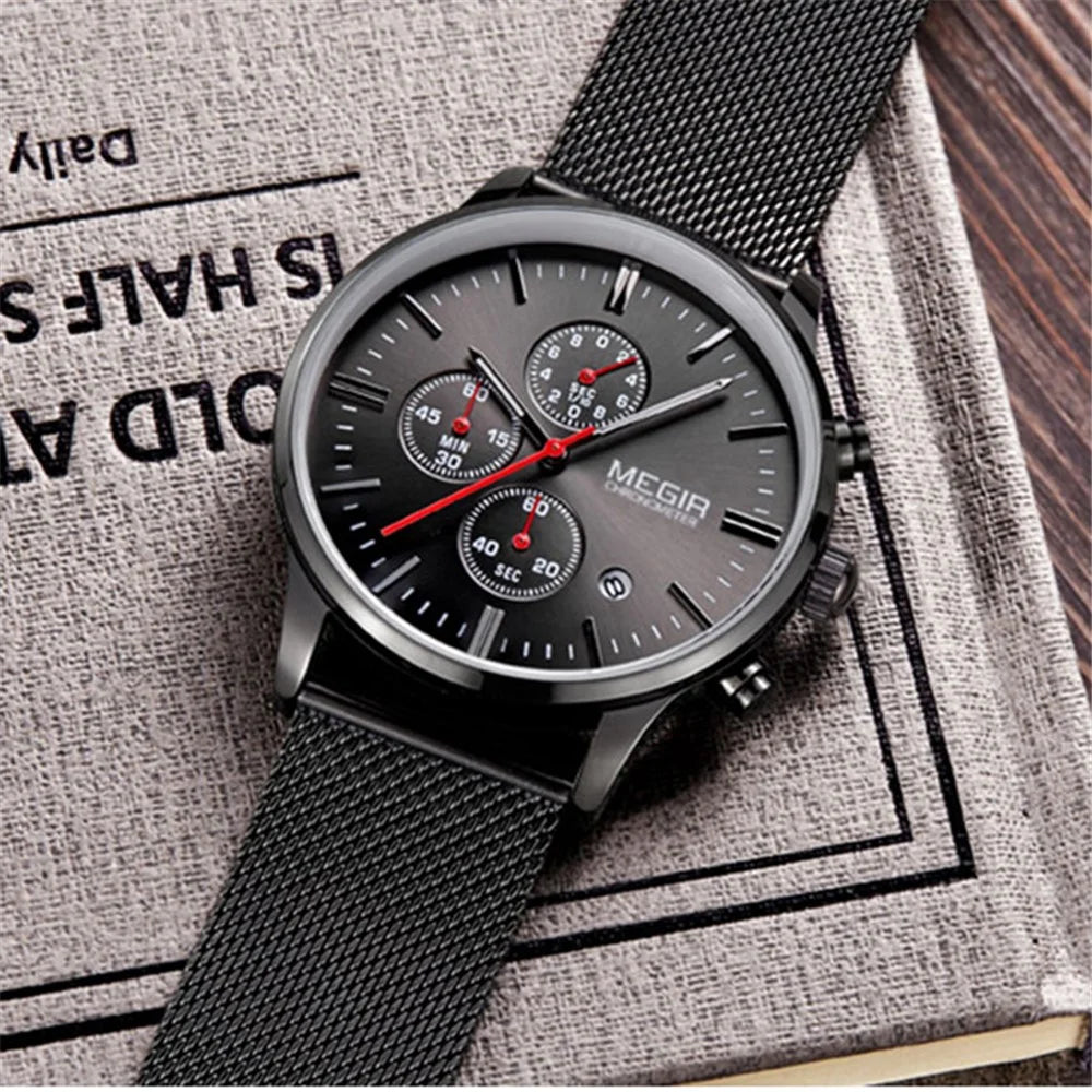 MEGIR Waterproof Men Sports Quartz Wrist Watch Steel Band - 4