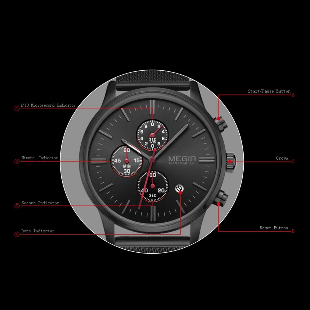 MEGIR Waterproof Men Sports Quartz Wrist Watch Steel Band - 7