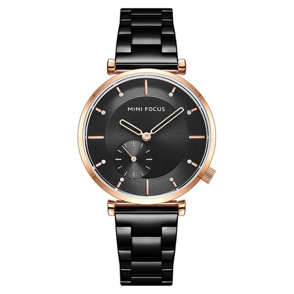 MINI FOCUS 0333L Fashionable Waterproof Women's Watch Luxurious Rhinestone Decor Watch Wrist Band - Black - 1