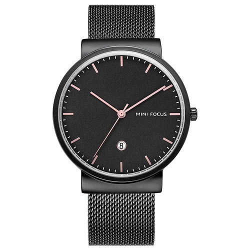MINI FOCUS Men Quartz Watch Calendar Waterproof Breathable Metal Strap Men Wristwatch - Black - 1