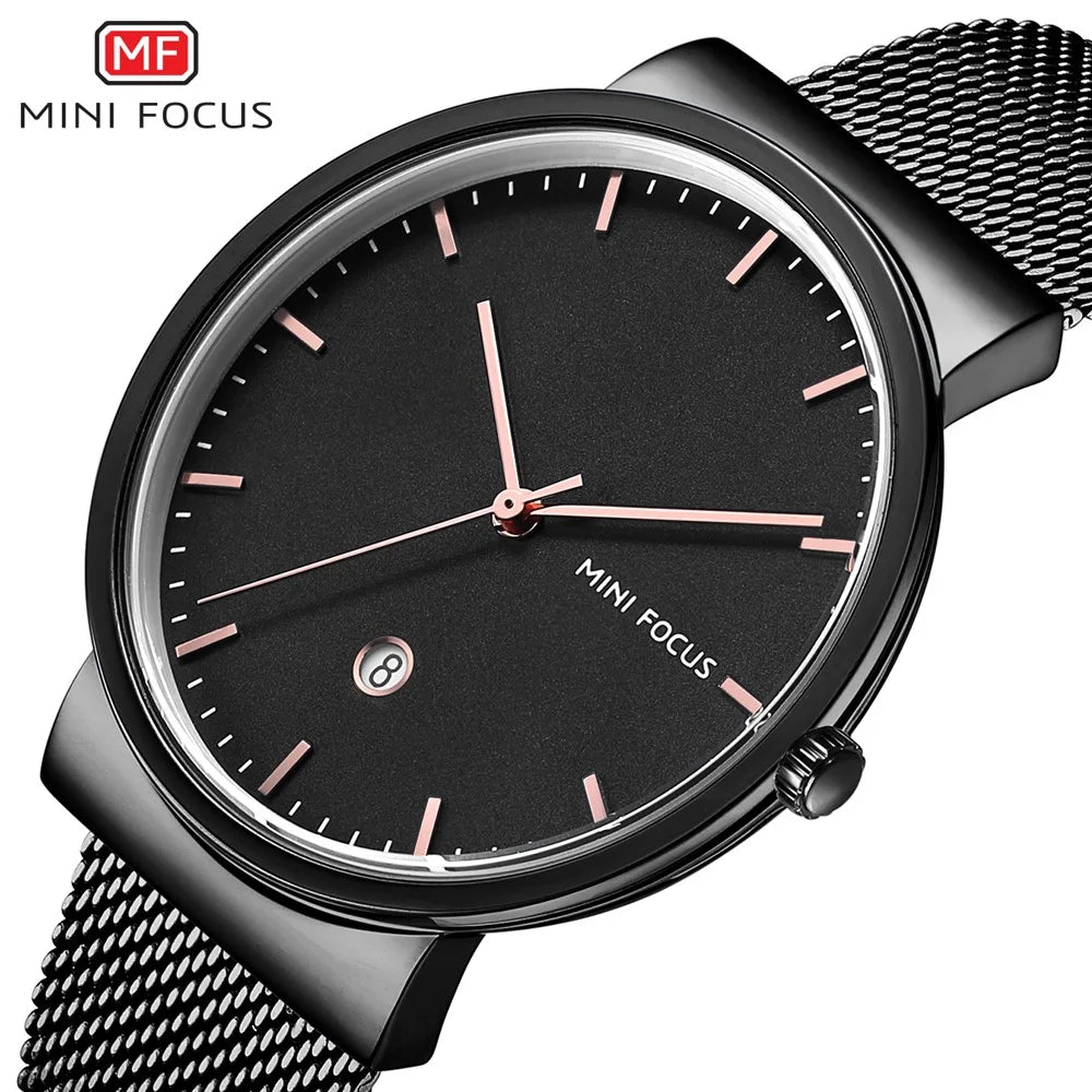 MINI FOCUS Men Quartz Watch Calendar Waterproof Breathable Metal Strap Men Wristwatch - Black - 2