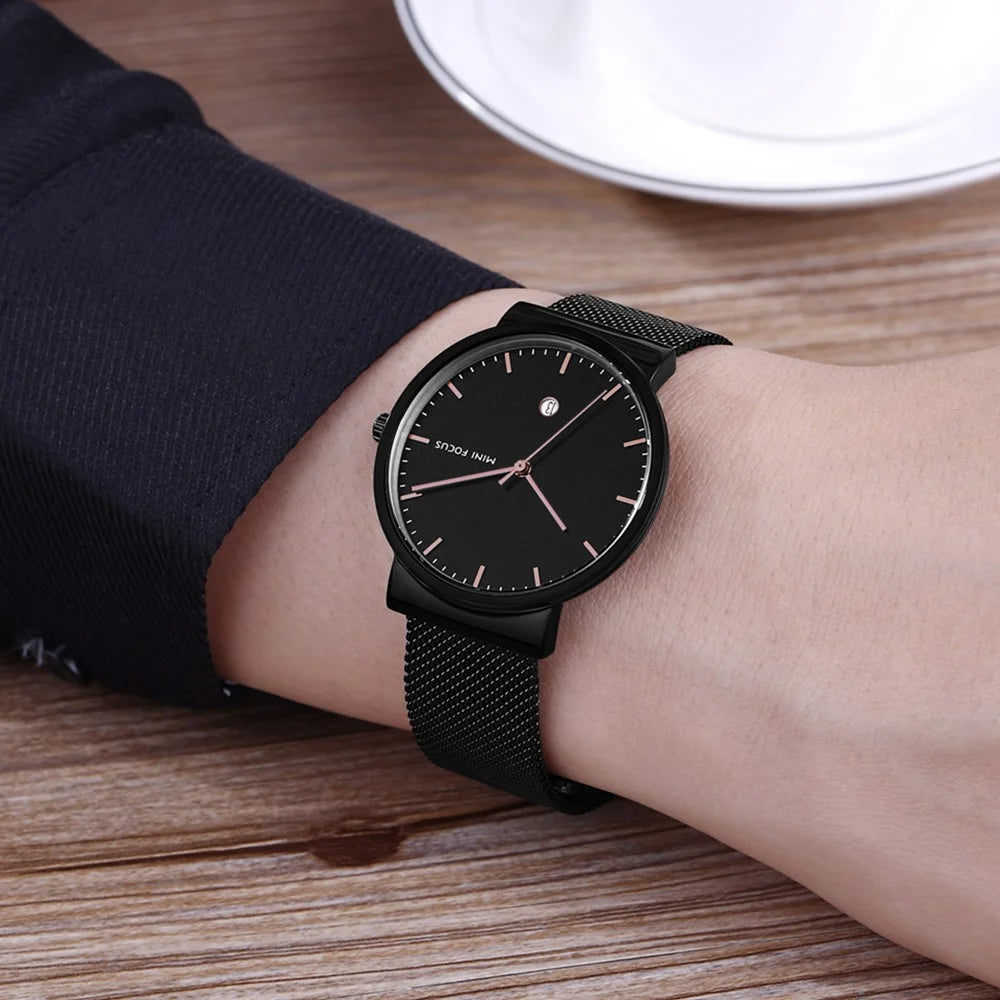 MINI FOCUS Men Quartz Watch Calendar Waterproof Breathable Metal Strap Men Wristwatch - Black - 3